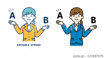 2つを比較検討して解決した、若い女性会社員のベクターイラスト素材＿線幅の編集可能 123687076