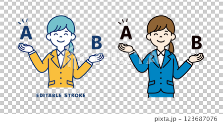 一位年輕女職員比較並解決了這兩個選項的向量插圖_線寬可以編輯 123687076