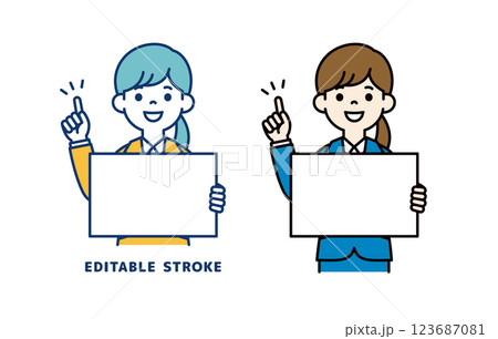 ボードを持ってポイントを説明する、若い女性会社員のベクターイラスト素材＿線幅の編集可能 123687081