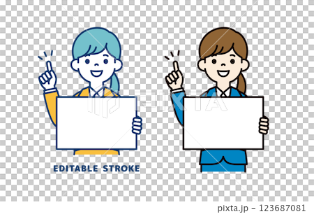 ボードを持ってポイントを説明する、若い女性会社員のベクターイラスト素材＿線幅の編集可能 123687081