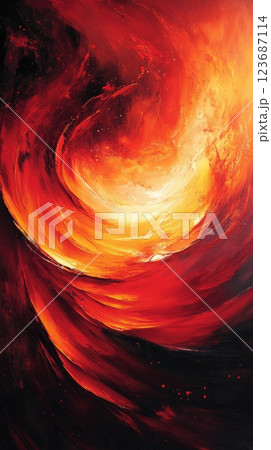 Vibrant abstract artwork depicting fiery swirls of red and orange colors in dynamic motion 123687114