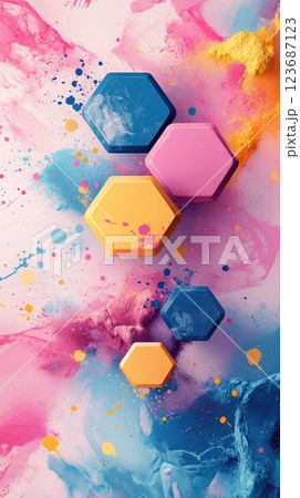 Colorful abstract design featuring hexagonal shapes on a vibrant background of pink and blue splashes 123687123