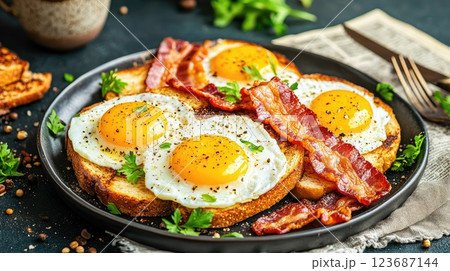 Delicious breakfast plate featuring sunny side up eggs and crispy bacon on toasted bread with fresh herbs Delicious breakfast plate featuring sunny side up eggs and crispy bacon on toasted bread with fresh herbs 123687144