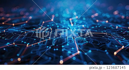 Vibrant blue digital circuitry glowing in a dark space showcasing technology and innovation 123687145