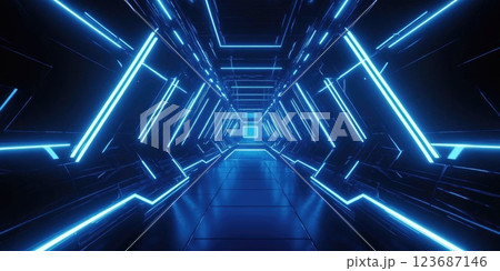 Futuristic hallway with glowing blue lights and geometric patterns in a digital environment 123687146