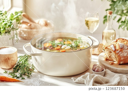 Warm hearty soup simmering in a pot surrounded by fresh ingredients in a cozy kitchen setting Warm hearty soup simmering in a pot surrounded by fresh ingredients in a cozy kitchen setting 123687150
