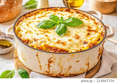 Delicious homemade lasagna served in a rustic dish with fresh basil on top Delicious homemade lasagna served in a rustic dish with fresh basil on top 123687154