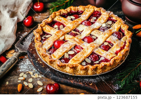 Fresh cherry pie on a wooden table surrounded by cherries and almonds in a rustic kitchen setting Fresh cherry pie on a wooden table surrounded by cherries and almonds in a rustic kitchen setting 123687155