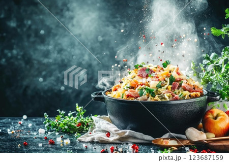 Delicious steaming pot of hearty vegetable stew with spices and herbs in an inviting kitchen setting 123687159