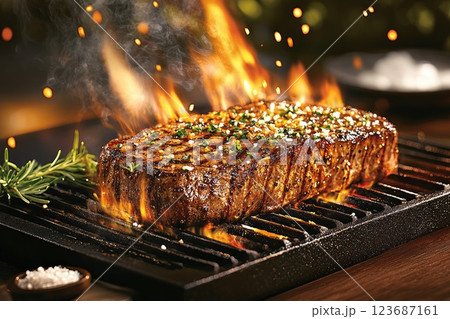 Juicy steak sizzling on grill with flames and herbs in outdoor setting during sunset 123687161