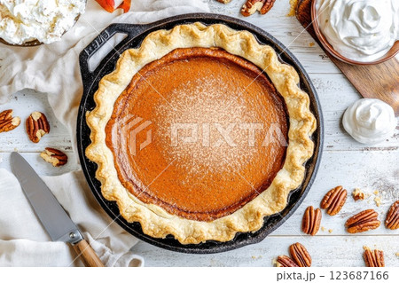 Classic pumpkin pie topped with cinnamon and surrounded by pecans on a rustic wooden table 123687166