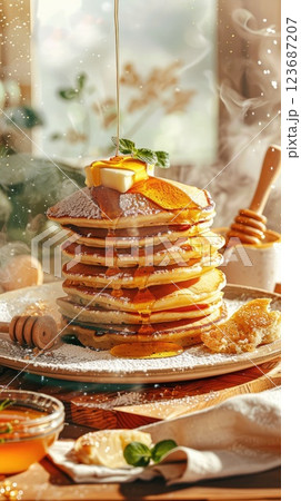 Stacked pancakes topped with butter and syrup served in a cozy breakfast setting during the morning 123687207