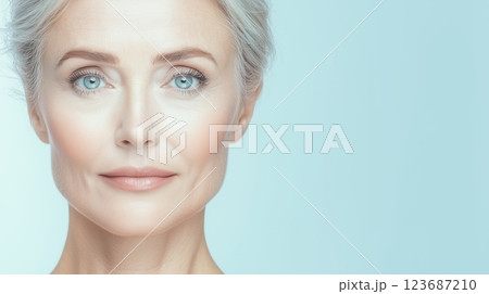 Close-up portrait of mature caucasian woman with silver hair and blue eyes. Symbol of beauty, confidence and aging gracefully. Close-up portrait of mature caucasian woman with silver hair and blue eyes. Symbol of beauty, confidence and aging gracefully. 123687210