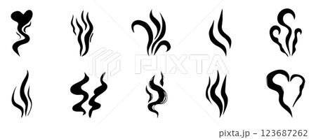 Steam smoke hand drawn line comic doodle. Aroma trail, cloud or wind silhouette. Smells hot air fragrance evaporate set. Steam smoke hand drawn line comic doodle. Aroma trail, cloud or wind silhouette. Smells hot air fragrance evaporate set. 123687262