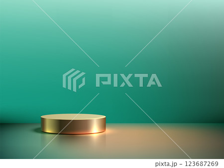 luxury gold cylindrical podium on teal green gradient background, 3d product display mockup, modern showcase concept 123687269