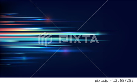 abstract technology digital art with vibrant light streaks in blue yellow orange conveying speed and motion 123687285