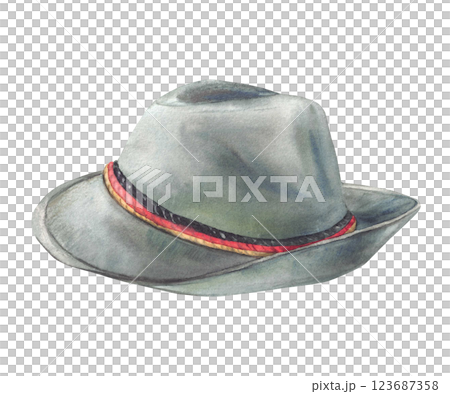 Mens Hat with three ribbons color of German flag gold, red, black strips. Watercolor painted illustration isolated from background. Headwear on Oktoberfest festival, traditional Bavarian costume. Mens Hat with three ribbons color of German flag gold, red, black strips. Watercolor painted illustration isolated from background. Headwear on Oktoberfest festival, traditional Bavarian costume. 123687358