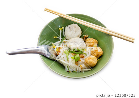 Top view of Thin rice noodles with fish balls, shrimp balls, focus selective 123687523