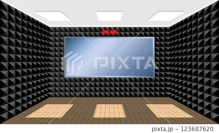 Music recording studio room covered with sound insulating panels made of textured foam. Specialized room for vocal and musical auditions with echo and noise reduction. Realistic vector 123687620