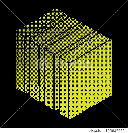 Pixel stack of folders silhouette icon. Archive with documents. Storage of accounting, financial and personal documents in archive. Stack of folders. Simple black and yellow vector isolated on black Pixel stack of folders silhouette icon. Archive with documents. Storage of accounting, financial and personal documents in archive. Stack of folders. Simple black and yellow vector isolated on black 123687622