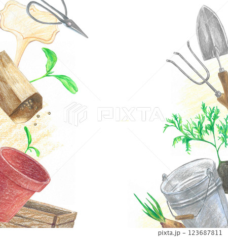 Banner template with hand-drawn garden elements. Watering can, tulip bulb, plant, shovel, rake, seedling, flower pot. Colored pencils illustration for design Banner template with hand-drawn garden elements. Watering can, tulip bulb, plant, shovel, rake, seedling, flower pot. Colored pencils illustration for design 123687811