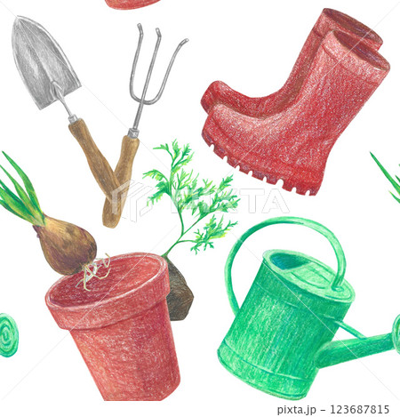 Pattern with hand-drawn garden elements. Watering can, tulip bulb, plant, rubber boots, shovel, rake, seedling, flower pot. Colored pencils illustration for design Pattern with hand-drawn garden elements. Watering can, tulip bulb, plant, rubber boots, shovel, rake, seedling, flower pot. Colored pencils illustration for design 123687815