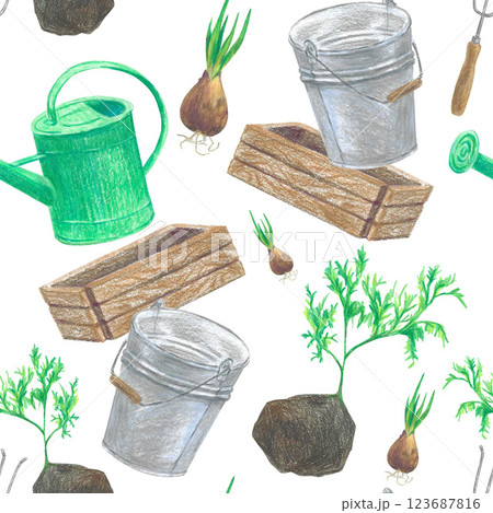 Pattern with hand-drawn garden elements. Watering can, tulip bulb, plant, wooden box, seedling, bucket. Colored pencils pattern for design. 123687816