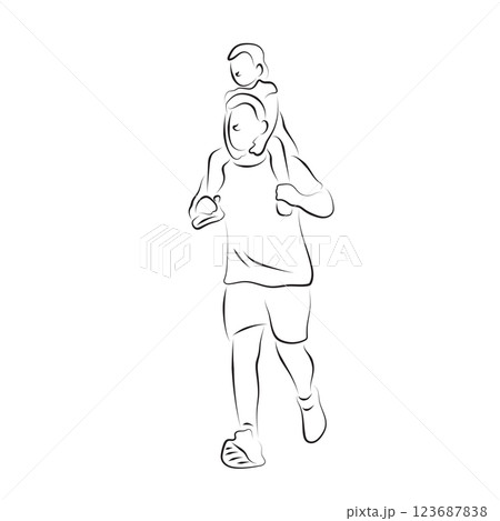 son riding on his father neck during exercise illustration vector hand drawn with black lines isolated on white background. 123687838