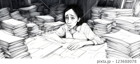 Office worker overwhelmed by paperwork is looking sad and tired Office worker overwhelmed by paperwork is looking sad and tired 123688078