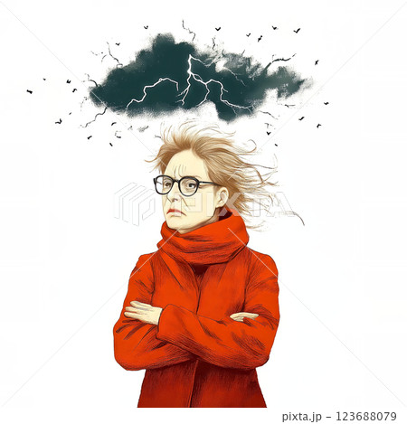 Grumpy woman facing problems symbolized by storm cloud and lightning Grumpy woman facing problems symbolized by storm cloud and lightning 123688079