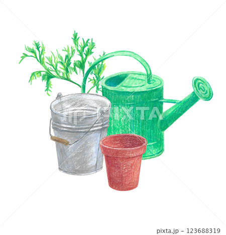 Hand-drawn garden elements. Watering can, bucket, plant, flower pot. Colored pencils illustration for design Hand-drawn garden elements. Watering can, bucket, plant, flower pot. Colored pencils illustration for design 123688319
