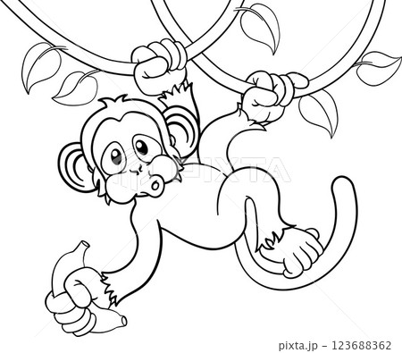 Monkey Singing On Jungle Vines With Banana Cartoon Monkey Singing On Jungle Vines With Banana Cartoon 123688362