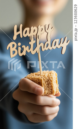 person holding cake with laser cut wood topper saying Happy Birthday person holding cake with laser cut wood topper saying Happy Birthday 123688629