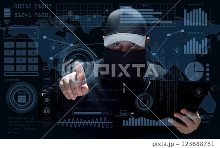 Cyber Hacker with Laptop and Digital HUD Interface Cyber Hacker with Laptop and Digital HUD Interface 123688781