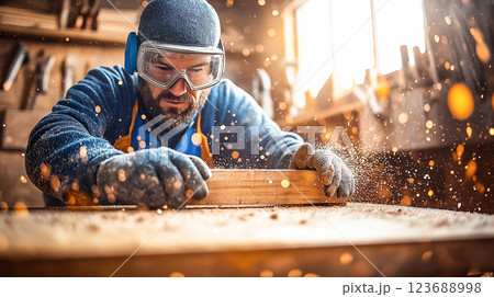 A skilled carpenter wearing safety gear sands wood in a workshop, with sawdust flying, showcasing craftsmanship and dedication. 123688998