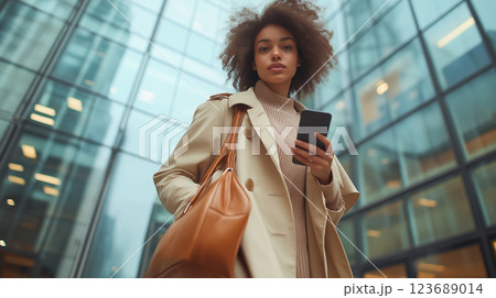 A confident young woman in a beige coat holding a smartphone, standing outside a modern glass building in an urban setting. 123689014