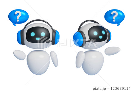 3D graphics of an AI robot character wearing a headset and asking questions 123689114