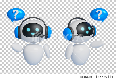 3D graphics of an AI robot character wearing a headset and asking questions 123689114