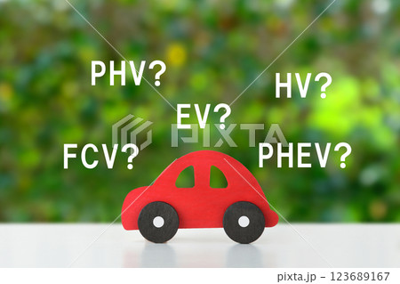 自動車のおもちゃとエコカーの用語とクエスションマーク 123689167