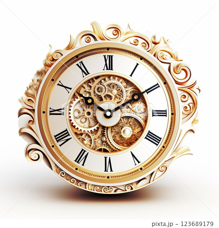 Ornate golden clock with intricate gears and filigree isolated on white background 123689179