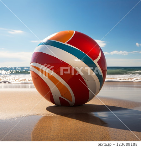 Colorful beach ball on the sandy beach with the ocean in the background 123689188