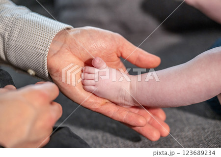 Baby feet in mother hands. Mom and her Child. Happy Family concept. Beautiful conceptual image of Maternity 123689234