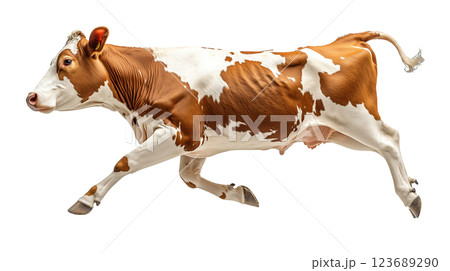 A lively cow leaps into the air, captured from a side view. Its distinctive brown and white coat vividly stands out, emphasizing its playful and dynamic nature. 123689290