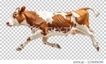A lively cow leaps into the air, captured from a side view. Its distinctive brown and white coat vividly stands out, emphasizing its playful and dynamic nature. 123689290