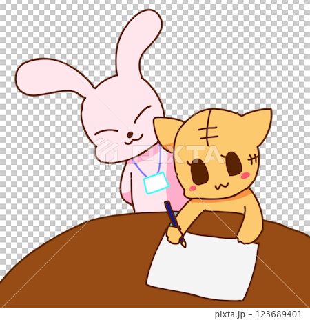 A rabbit watches a cat writing something A rabbit watches a cat writing something 123689401