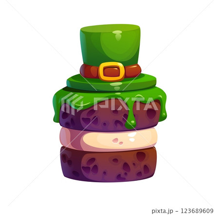 St Patrick day holiday chocolate pastry featuring layers of rich cake, creamy filling and dripping green icing topped with a whimsical leprechaun hat made of fondant. Cartoon vector sweet festive food 123689609
