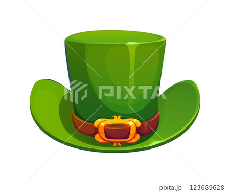 Cartoon green leprechaun hat with a wide brim, brown belt and golden buckle, symbolizing st Patrick day and Irish folklore. Vector traditional headwear represents luck, and festive celtic celebrations Cartoon green leprechaun hat with a wide brim, brown belt and golden buckle, symbolizing st Patrick day and Irish folklore. Vector traditional headwear represents luck, and festive celtic celebrations 123689628