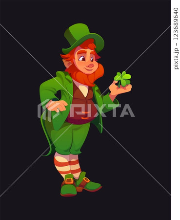 Cartoon Irish leprechaun man character in green outfit holding a shamrock, exuding joy and mischief. Isolated vector folklore personage of St Patrick day. Redhead bearded elf in top hat with clover 123689640