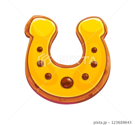 Cartoon golden horseshoe cookie, St Patrick day sweet holiday dessert with a glossy finish, symbolizing luck, success and fortune. Vector festive treat for partied celebrations or Irish themed events 123689643