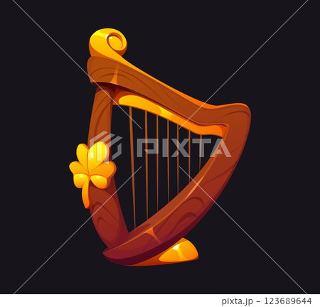 Cartoon wooden harp adorned with a golden shamrock, symbolizing Irish heritage, music, and st Patrick day traditions. Vector harp is an iconic national musical stringed instrument of Ireland culture 123689644